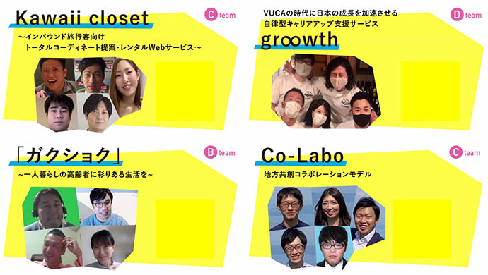 発表された事業案とチームメンバーの皆さん。インバウンドコースCチーム（左上）、教育コースDチーム（右上）、ヘルスケアコースBチーム（左下）、地方創生・七尾コースCチーム（右下）