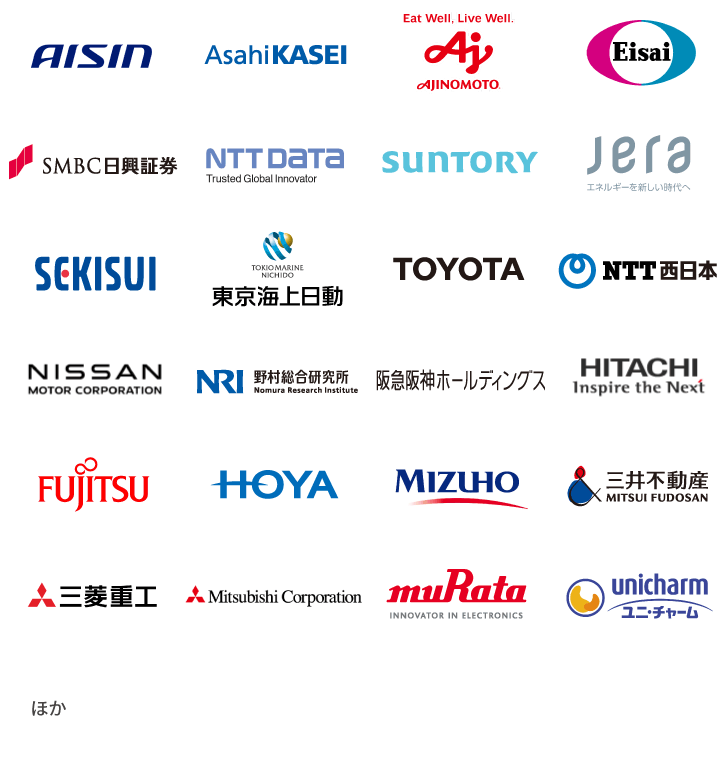 株式会社 アイシン/旭化成 株式会社/味の素 株式会社/エーザイ 株式会社/SMBC日興証券 株式会社/株式会社 エヌ・ティ・ティ・データ/サントリーホールディングス 株式会社/株式会社 JERA/積水化学工業 株式会社/東京海上日動火災保険 株式会社/トヨタ自動車 株式会社/西日本電信電話 株式会社/日産自動車 株式会社/株式会社 野村総合研究所/阪急阪神ホールディングス 株式会社/株式会社 日立製作所/富士通 株式会社/HOYA 株式会社/株式会社 みずほフィナンシャルグループ/三井不動産 株式会社/三菱重工業 株式会社/三菱商事 株式会社/株式会社 村田製作所/ユニ・チャーム 株式会社