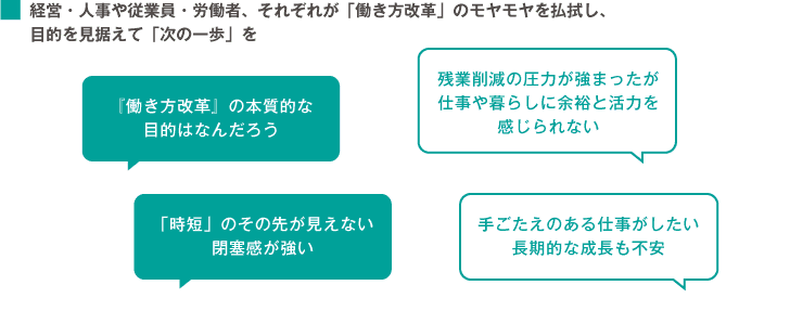 経営・人事や従業員・労働者、それぞれが「働き方改革」のモヤモヤを払拭し、目的を見据えて「次の一歩」を