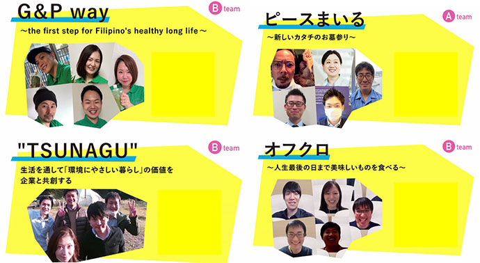 発表された事業案とチームメンバーの皆さん。グローバルコースBチーム（左上）、文化コースAチーム（右上）、地方創生・上勝コースBチーム（左下）、食料コースBチーム（右下）